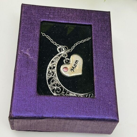 MOM Filigree Crescent Moon Necklace Mother Birthday Mothersday Gift Silver Pink - Picture 4 of 8